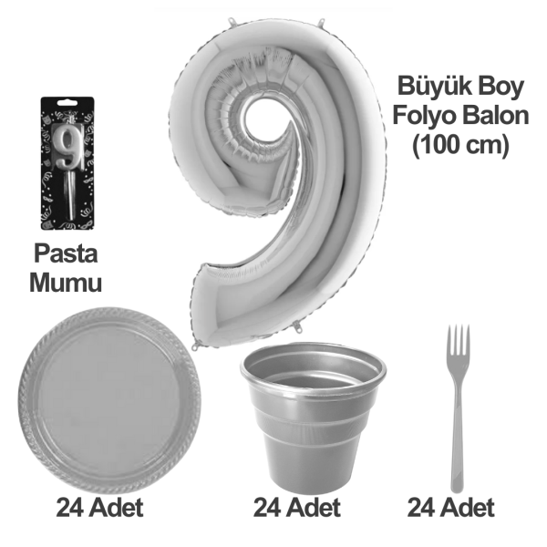 9 Yaş Pasta Mumu - 9 Yaş Folyo Balon - Tabak Bardak Çatal - Gri