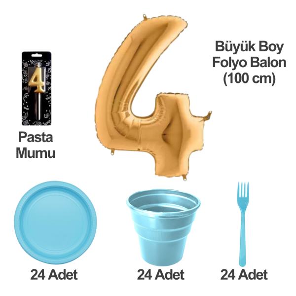 4 Yaş Pasta Mumu - 4 Yaş Folyo Balon - Tabak Bardak Çatal - Mavi