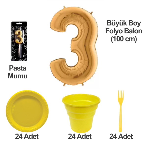 3 Yaş Pasta Mumu - 3 Yaş Folyo Balon - Tabak Bardak Çatal - Sarı
