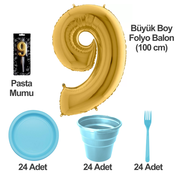 9 Yaş Pasta Mumu - 9 Yaş Folyo Balon - Tabak Bardak Çatal - Mavi