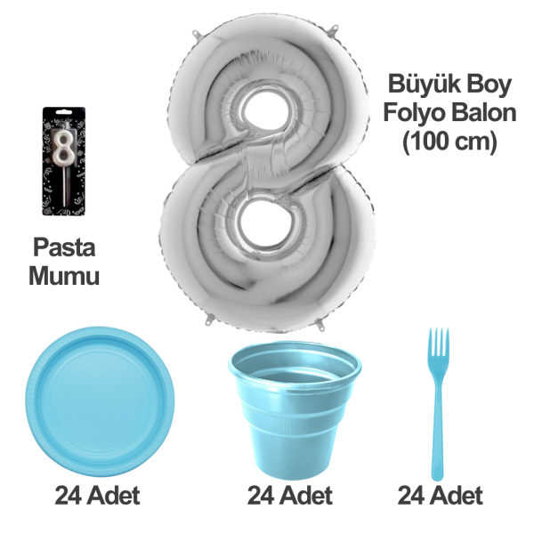 8 Yaş Pasta Mumu - 8 Yaş Folyo Balon - Tabak Bardak Çatal - Mavi