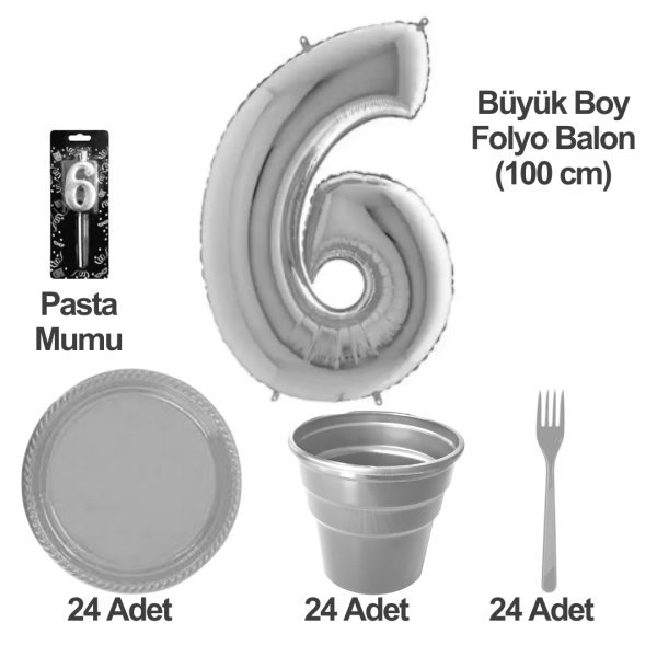 6 Yaş Pasta Mumu - 6 Yaş Folyo Balon - Tabak Bardak Çatal - Gri
