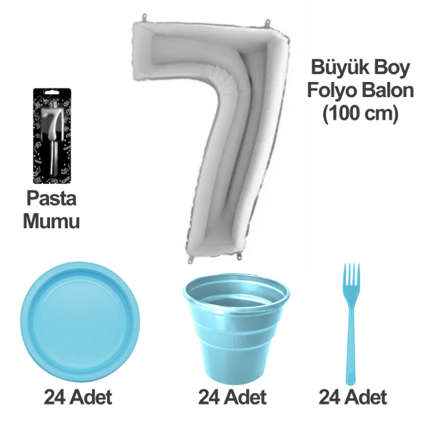 7 Yaş Pasta Mumu - 7 Yaş Folyo Balon - Tabak Bardak Çatal - Mavi