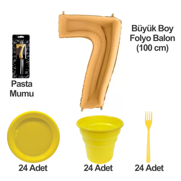 7 Yaş Pasta Mumu - 7 Yaş Folyo Balon - Tabak Bardak Çatal - Sarı