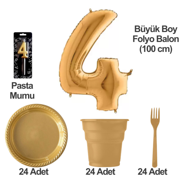 4 Yaş Pasta Mumu - 4 Yaş Folyo Balon - Tabak Bardak Çatal - Gold