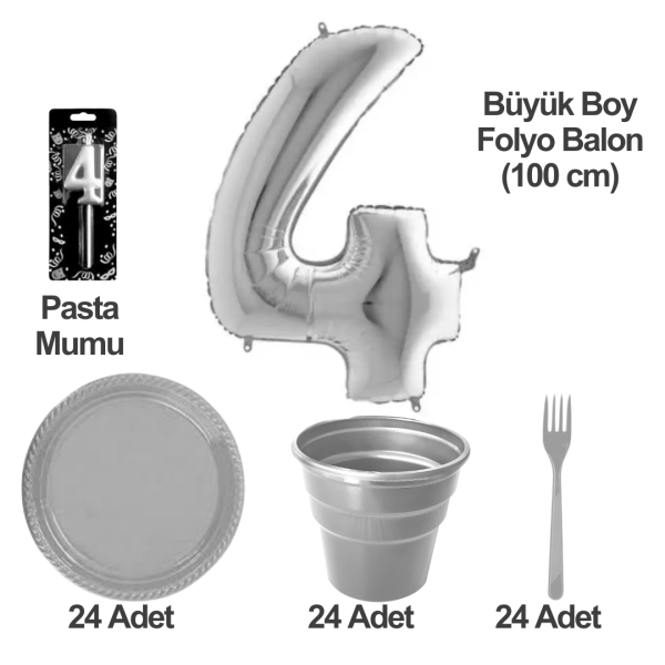 4 Yaş Pasta Mumu - 4 Yaş Folyo Balon - Tabak Bardak Çatal - Gri