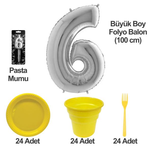 6 Yaş Pasta Mumu - 6 Yaş Folyo Balon - Tabak Bardak Çatal - Sarı