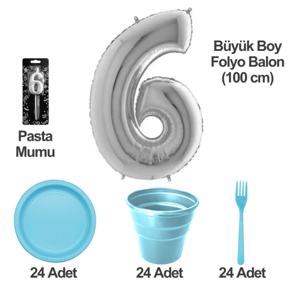 6 Yaş Pasta Mumu - 6 Yaş Folyo Balon - Tabak Bardak Çatal - Mavi
